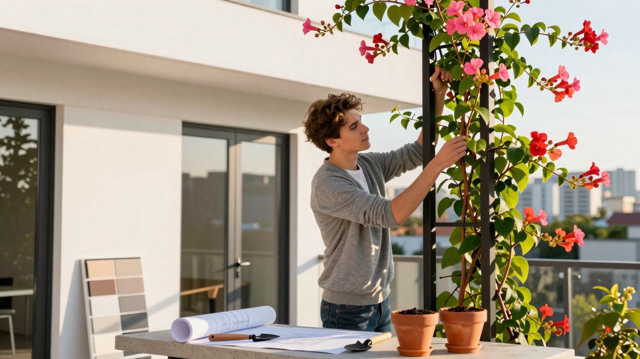 Jovem arrumando planta com flores rosas em varanda ao amanhecer com plantas e plantas em vasos.