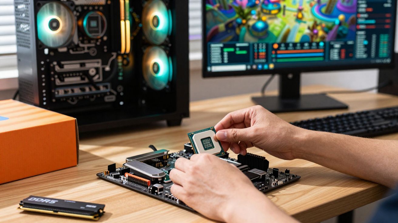 Pessoa instalando processador em placa-mãe com gabinete e monitor de computador ligado ao fundo.