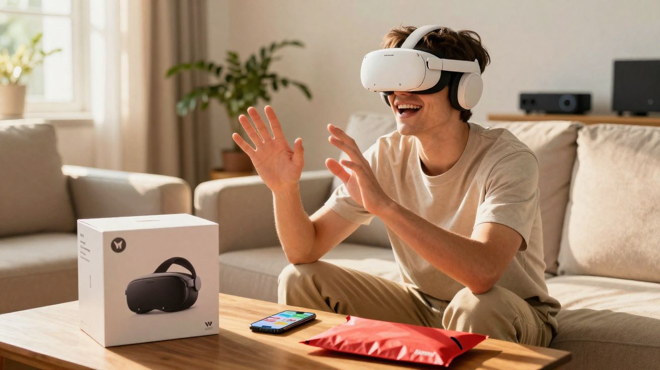 Jovem usando óculos de realidade virtual e fones em sala iluminada, sorrindo e interagindo com o ambiente virtual.