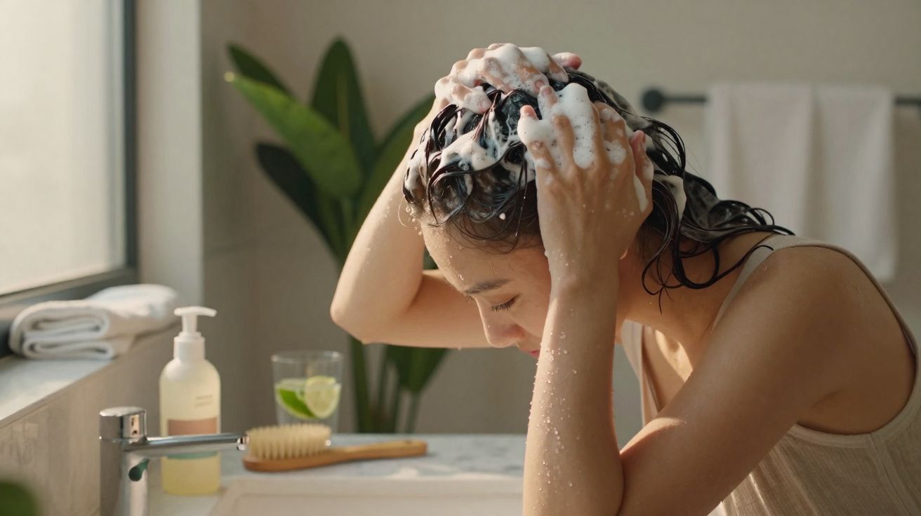 Mulher lavando o cabelo com shampoo em banheiro iluminado, com plantas e toalhas ao fundo.
