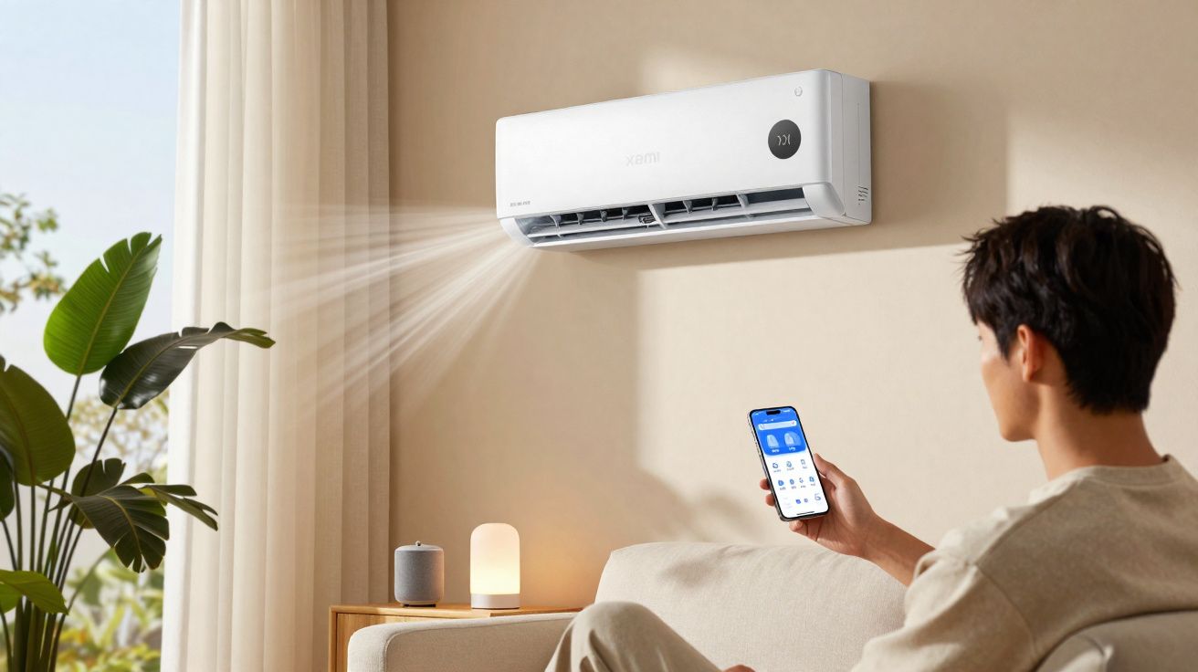 Pessoa controlando ar-condicionado com celular em sala com plantas e luminária.