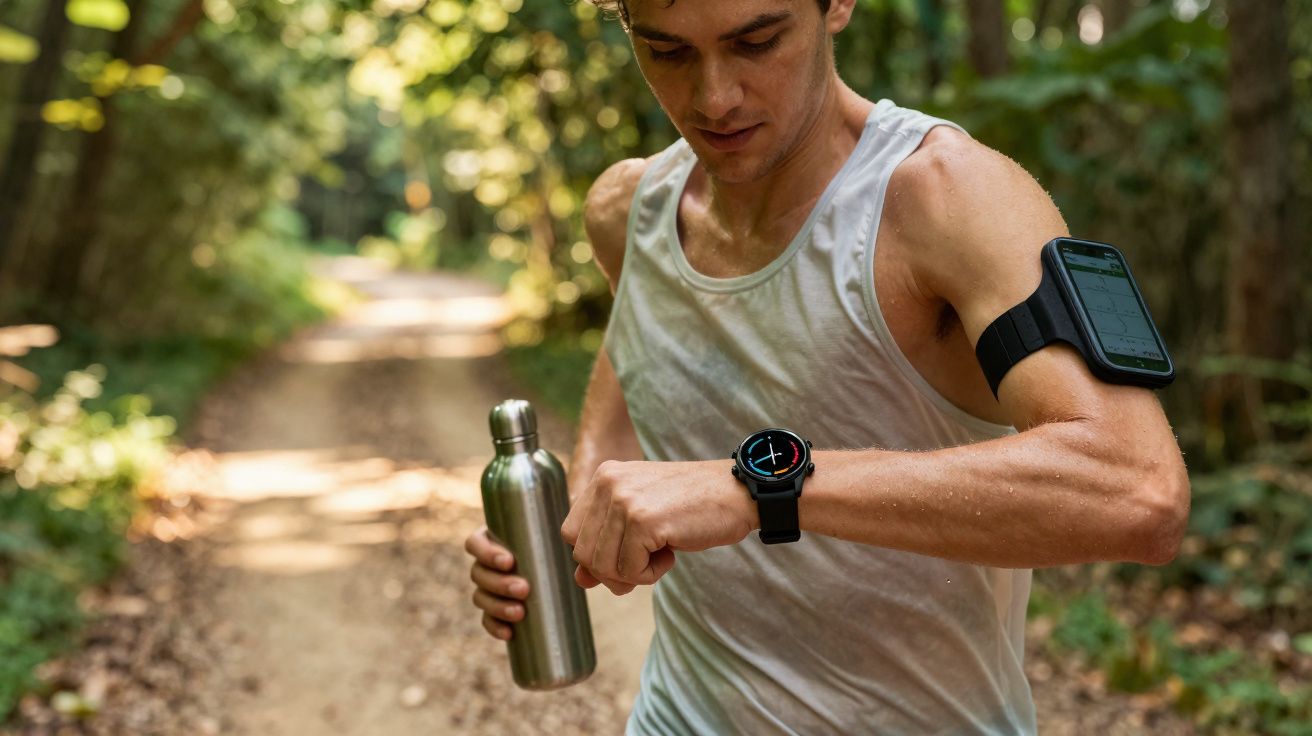Homem em roupa esportiva olhando relógio inteligente na trilha de floresta, segurando garrafa inox.