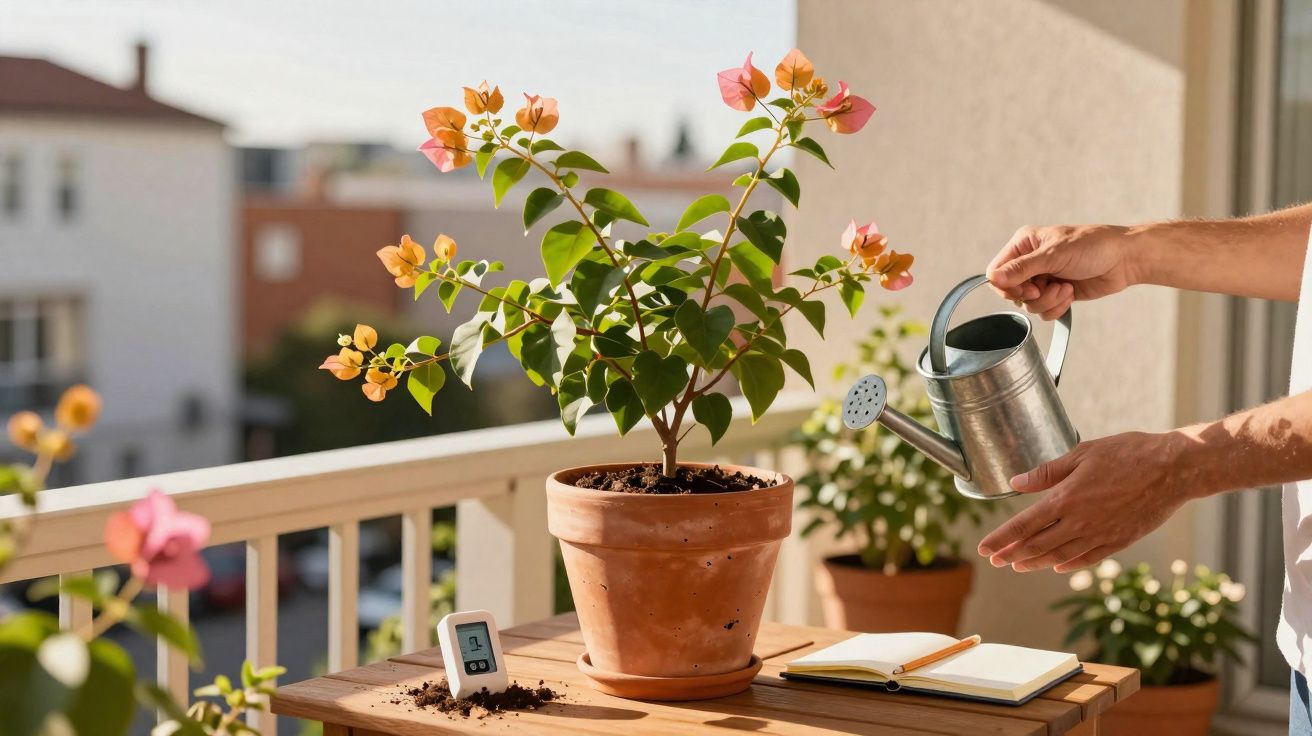 Pessoa regando planta com flores rosas em vaso no parapeito, próximo a caderno, regador e medidor digital.