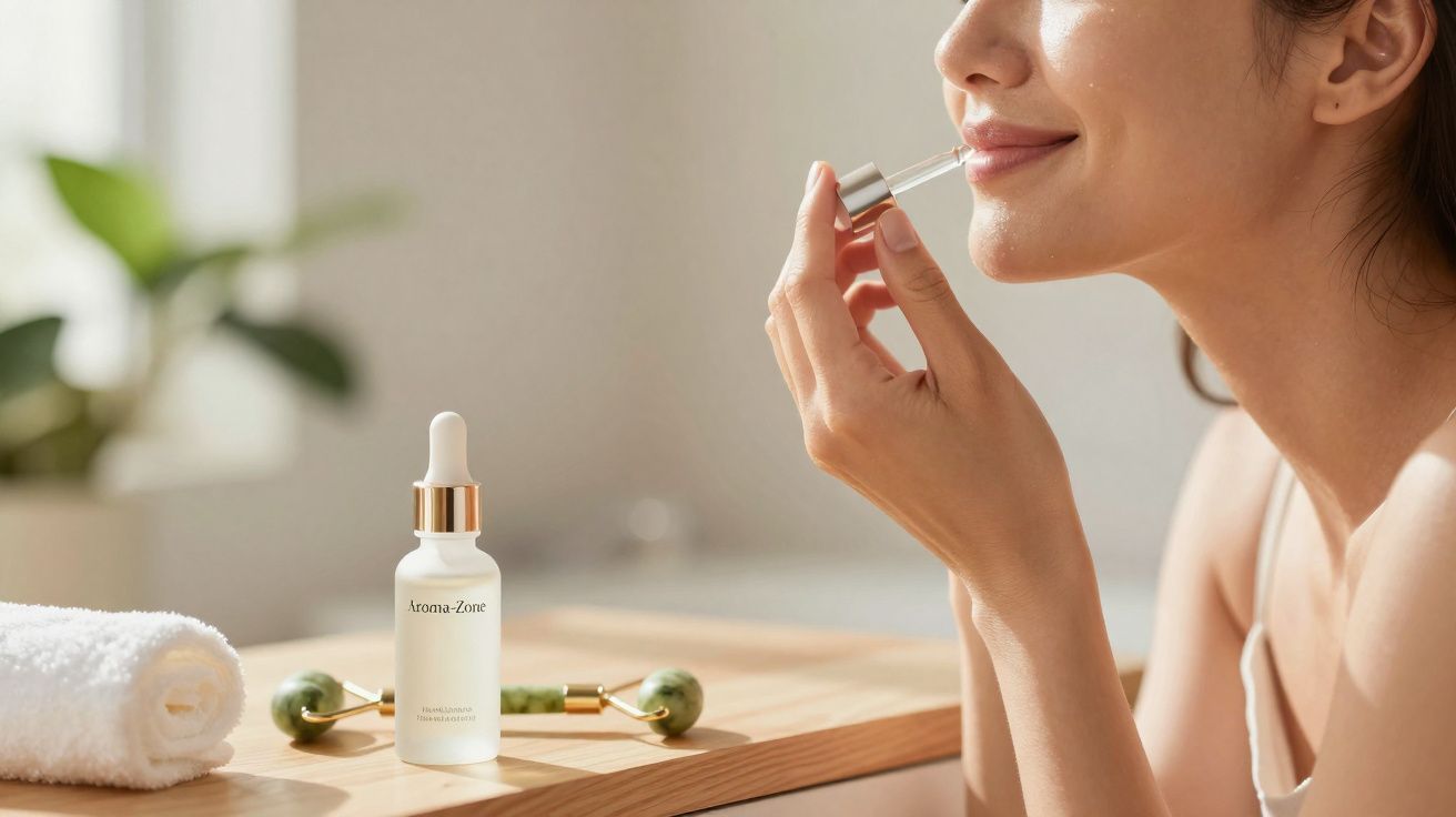 Mulher aplicando sérum facial com conta-gotas, ao lado de toalha e massageador de jade em bancada.