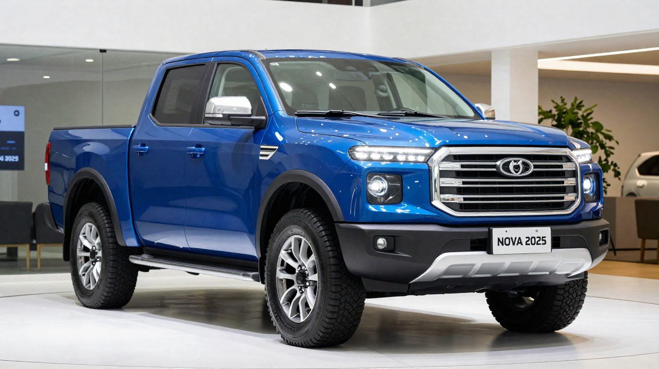 Picape azul com design moderno exposta em salão automotivo, com placa "NOVA 2025".