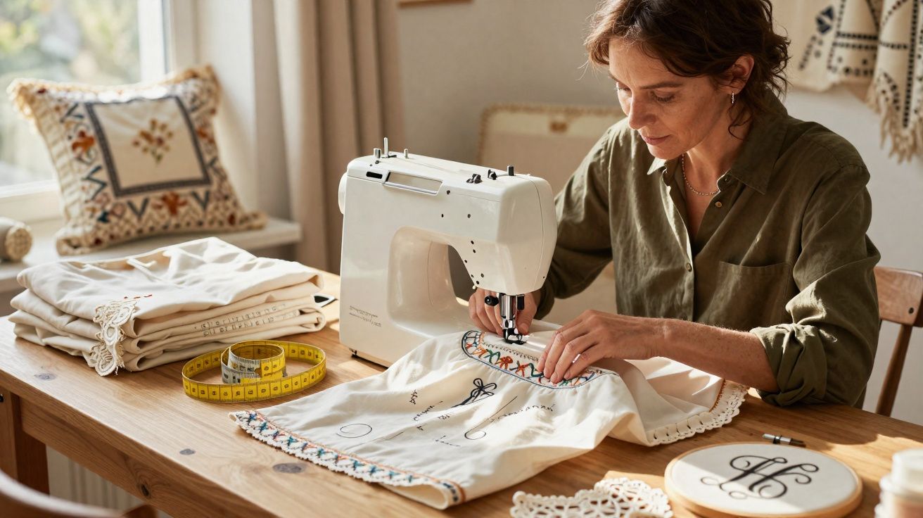 Mulher usando máquina de costura para bordar tecido branco com desenhos coloridos em mesa de madeira.
