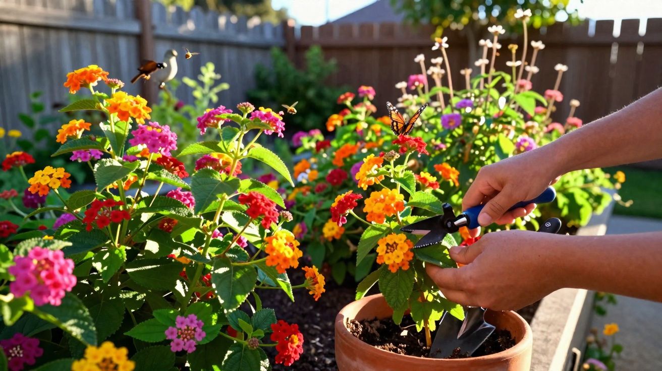 Mãos podando flores laranjas e vermelhas em vaso com jardim colorido ao fundo sob luz do sol.