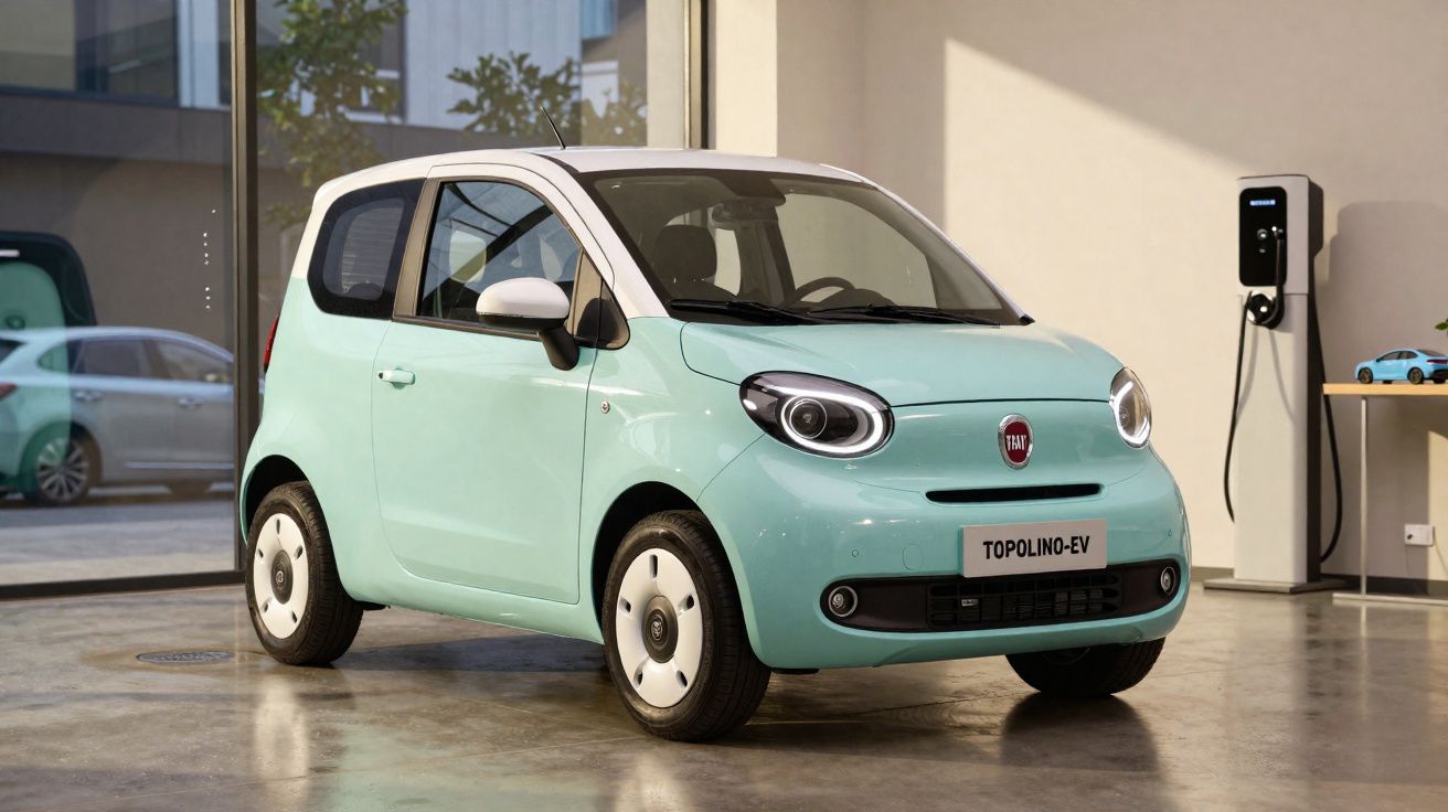 Carro elétrico Fiat Topolino EV verde água estacionado em garagem com carregador elétrico ao fundo.