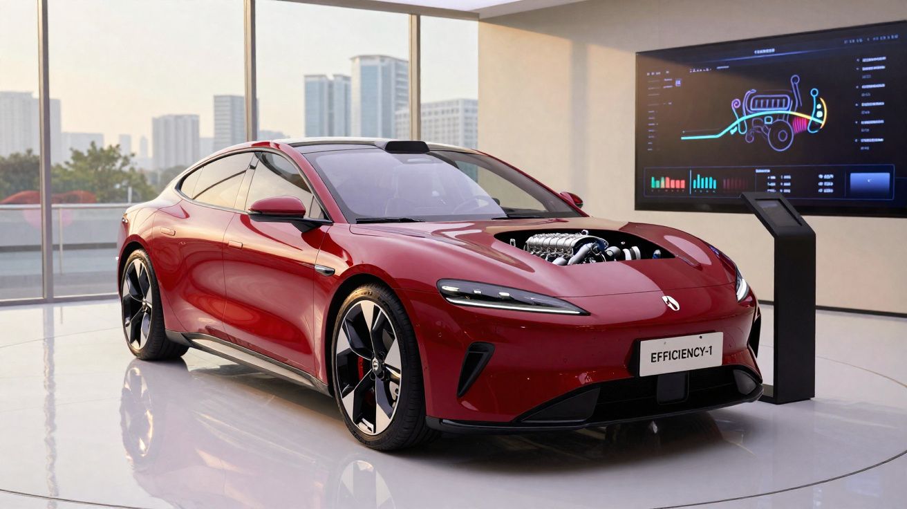 Carro esportivo vermelho exposto em ambiente interno com motor visível e tela digital ao fundo.