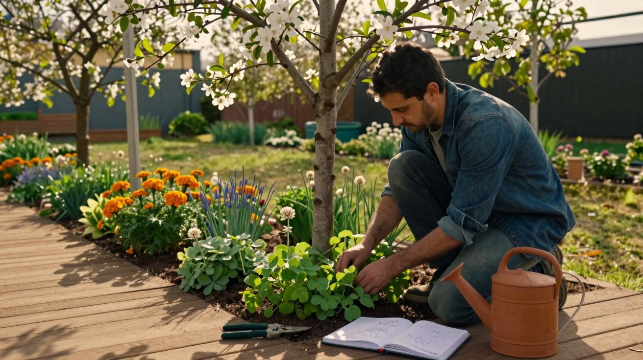 Homem cuidando de plantas em jardim florido ao ar livre com regador e caderno ao lado.